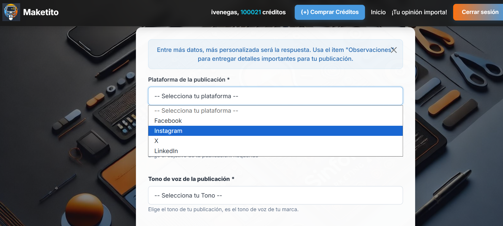 Maketito Formulario de Creación de Publicación